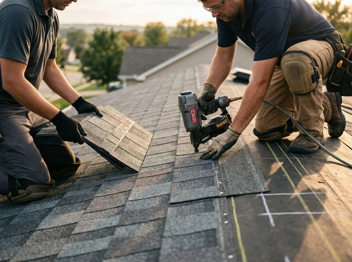 Professional roofer working on a residential roof in Hollis